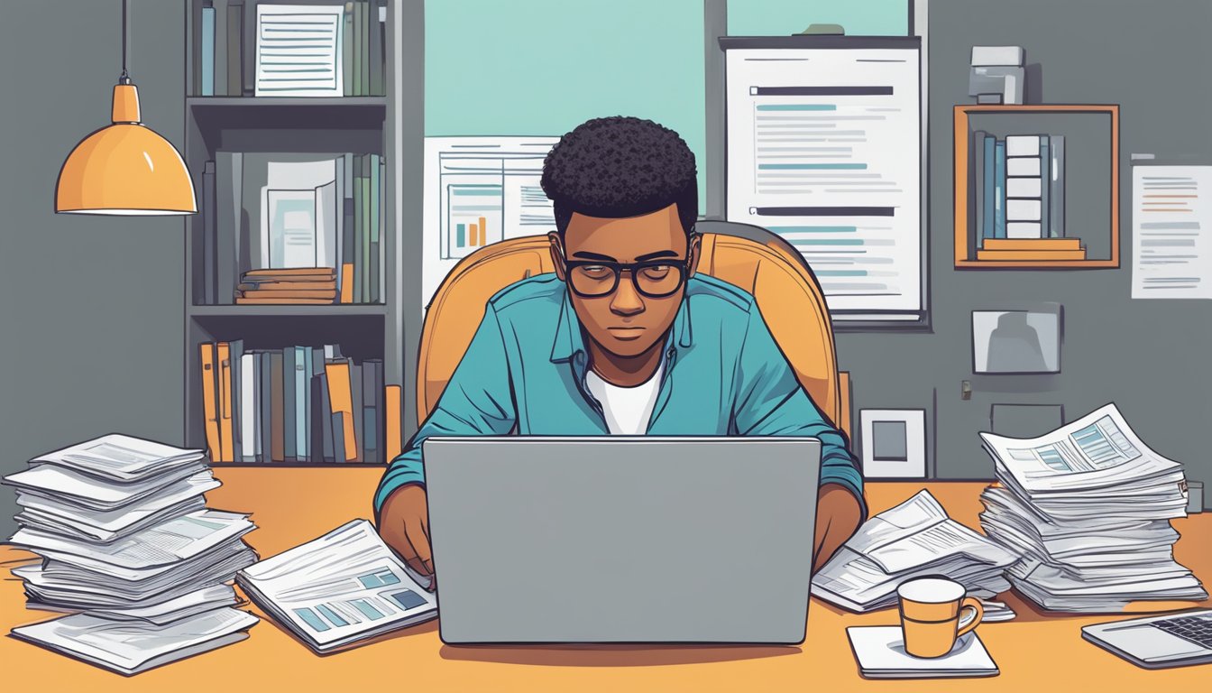 A person researching loan options online, surrounded by paperwork and a laptop, with a determined expression