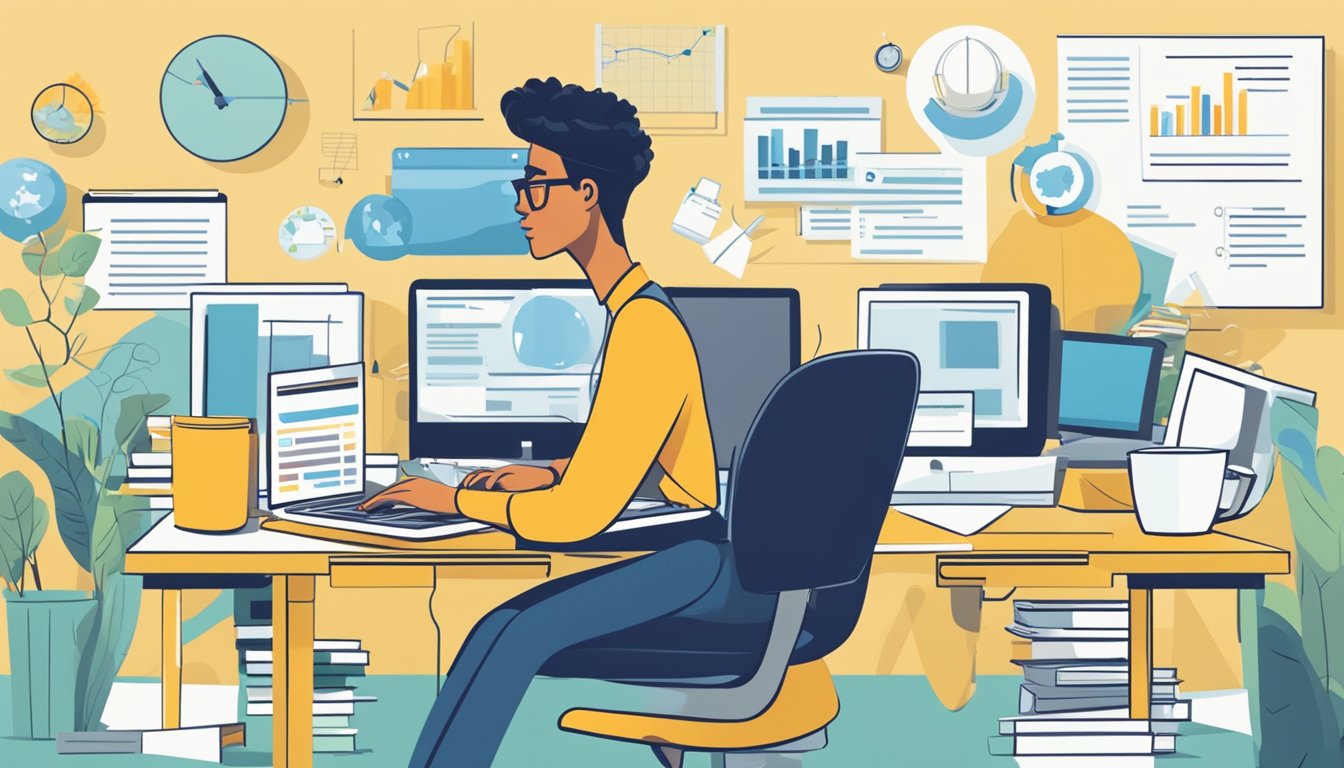 A person researching "how to get a loan for a business idea" online, surrounded by a computer, notebook, and pen