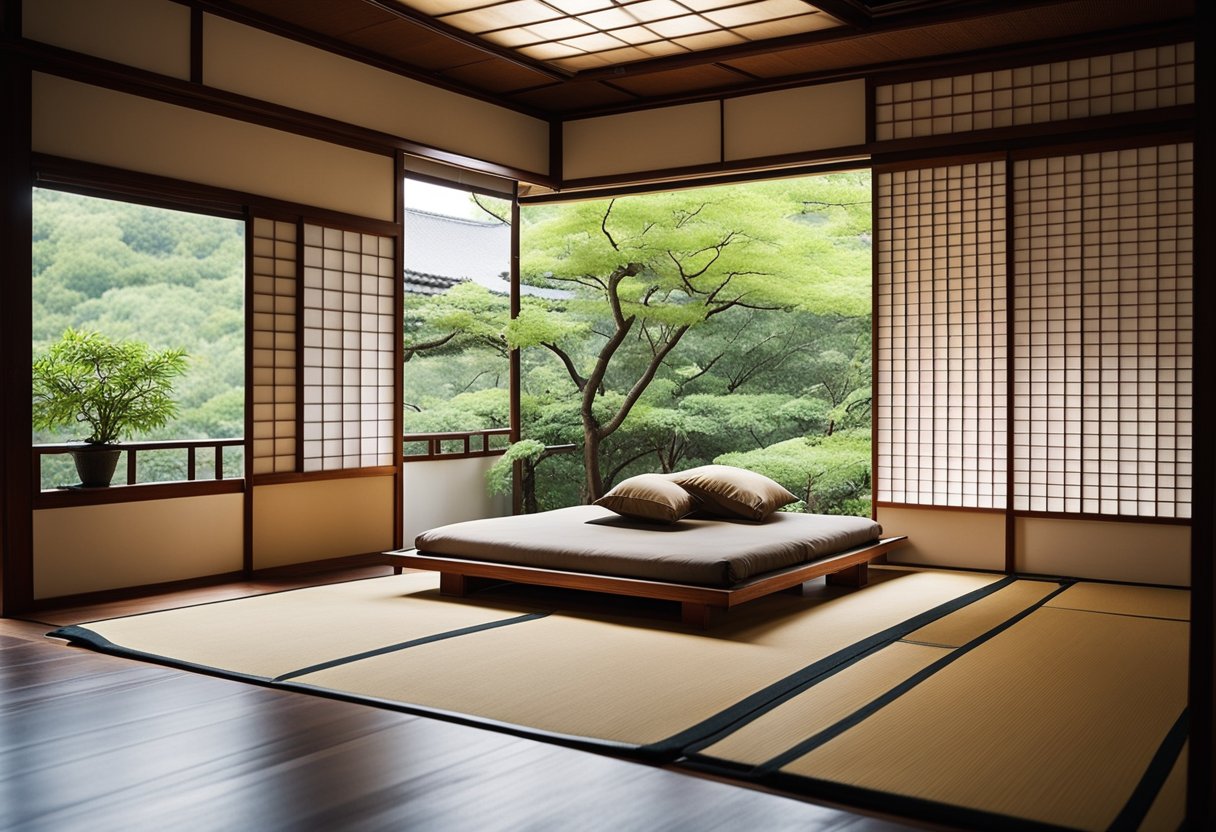 A low wooden bed with tatami mat flooring, sliding shoji doors, and a tokonoma alcove with a hanging scroll and ikebana arrangement