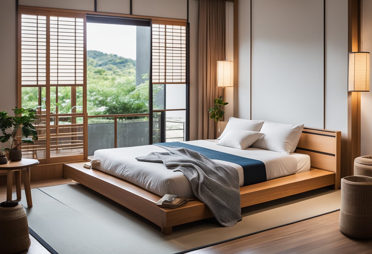 A low, wooden platform bed with tatami mat flooring, sliding shoji screens, simple wooden furniture, and minimal decor