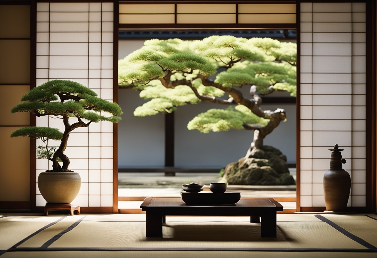 Traditional Japanese bedroom with tatami mat flooring, sliding shoji doors, low wooden furniture, and minimalist decor. A hanging scroll and bonsai tree add to the serene ambiance