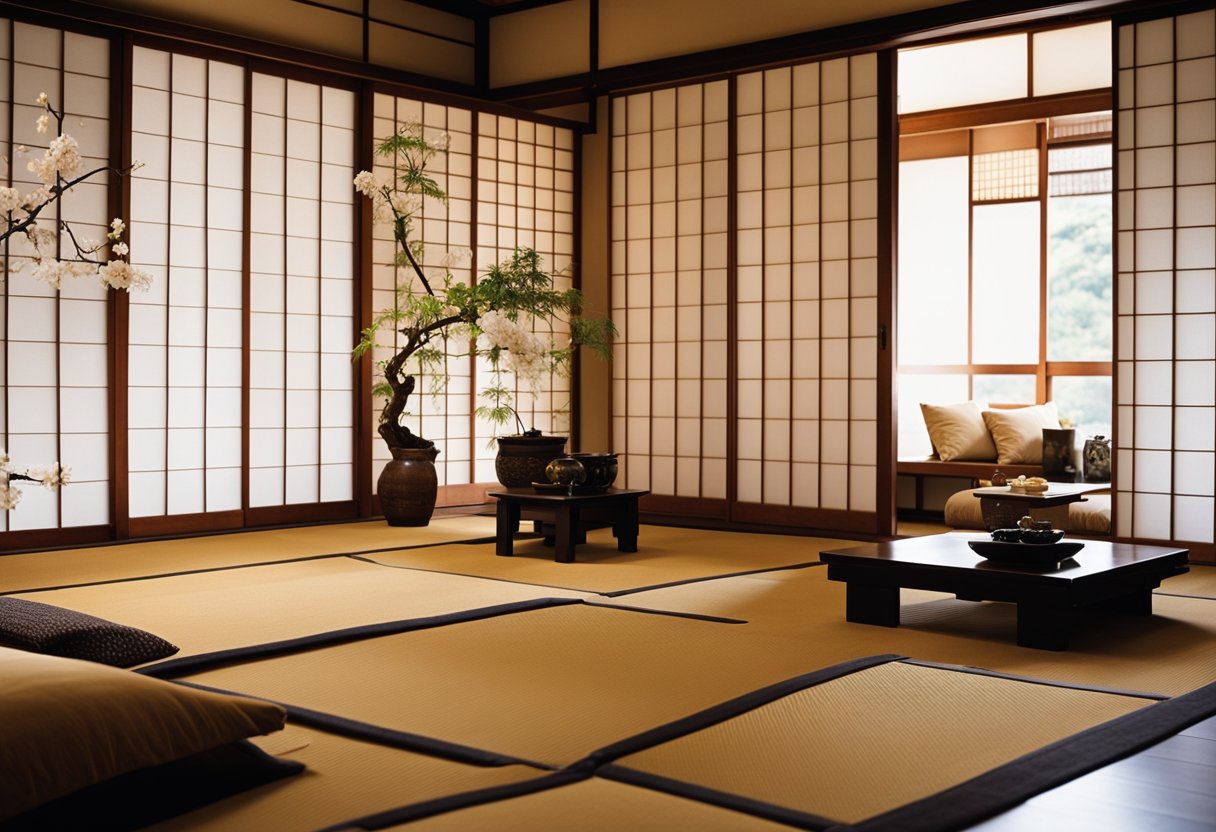 A traditional Japanese bedroom with low wooden furniture, sliding shoji doors, tatami flooring, and a tokonoma alcove for displaying art or flower arrangements