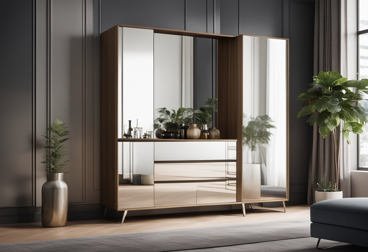 A bedroom cabinet with a mirrored door stands against a wall, showcasing its sleek and modern design