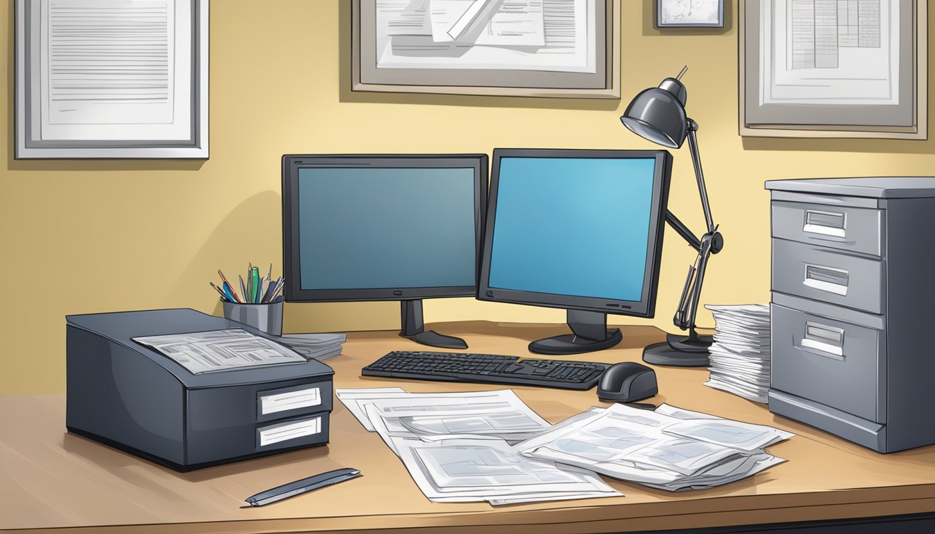 A desk with paperwork, computer, and financial documents. A sign with "Business Loan Requirements" on the wall