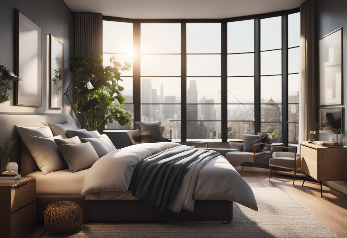 A cozy bedroom with a large, plush bed, soft lighting, and a sleek, modern design. A wall of windows lets in natural light, and a small desk area provides a space for work or relaxation