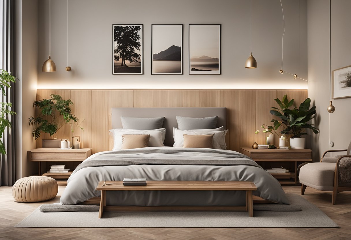 The bedroom features a cozy, neutral color palette with soft lighting, a comfortable bed, and ample storage space. The decor includes natural elements such as plants and wood accents, creating a calming and inviting atmosphere