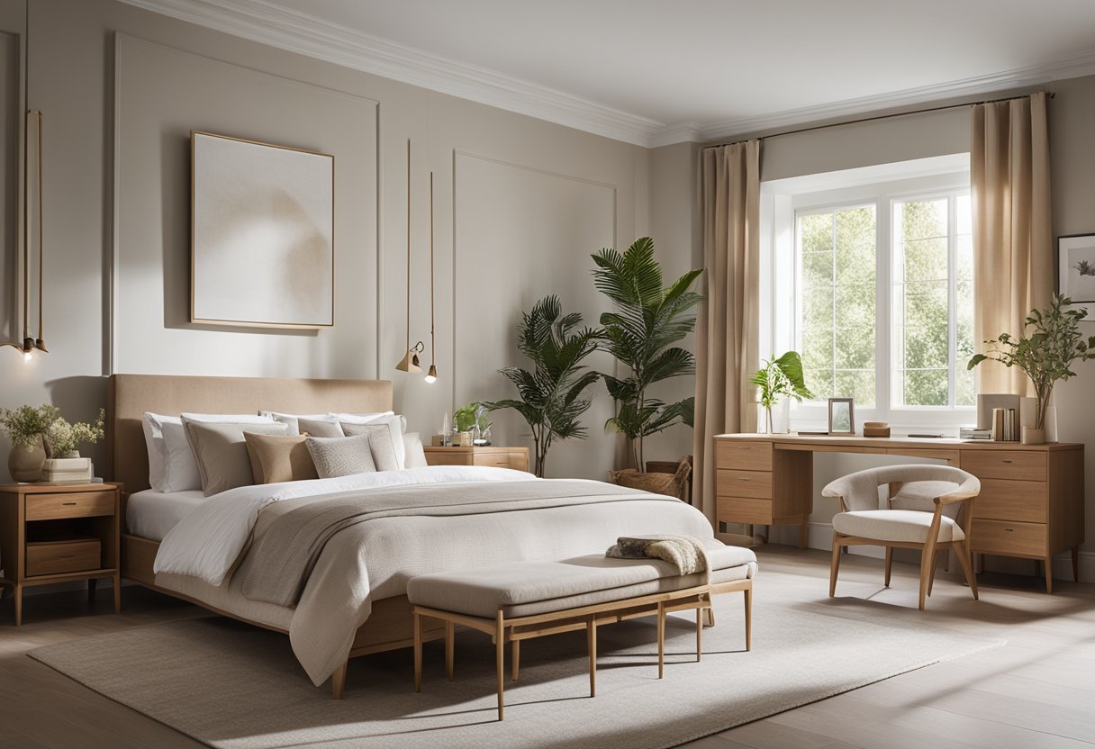 A well-lit, organized bedroom with a blend of modern and traditional furniture. Soft, neutral colors and natural materials create a calming atmosphere
