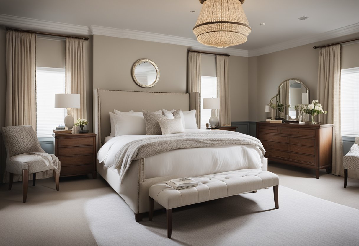 A cozy bedroom with traditional furniture, soft neutral colors, and elegant details like a canopy bed and ornate bedside tables