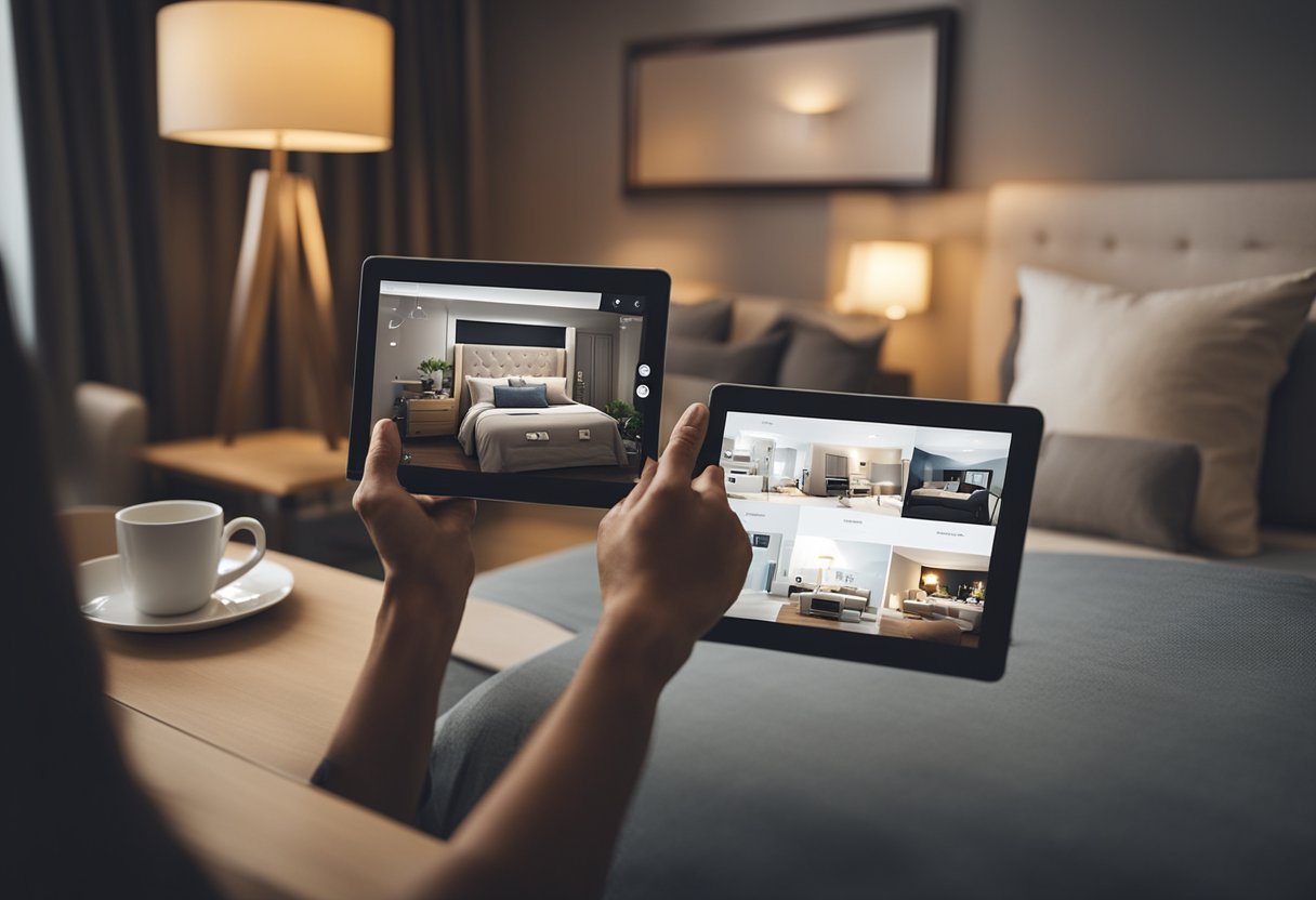 A person using a bedroom design app on a tablet, surrounded by furniture and decor options, creating a virtual room layout