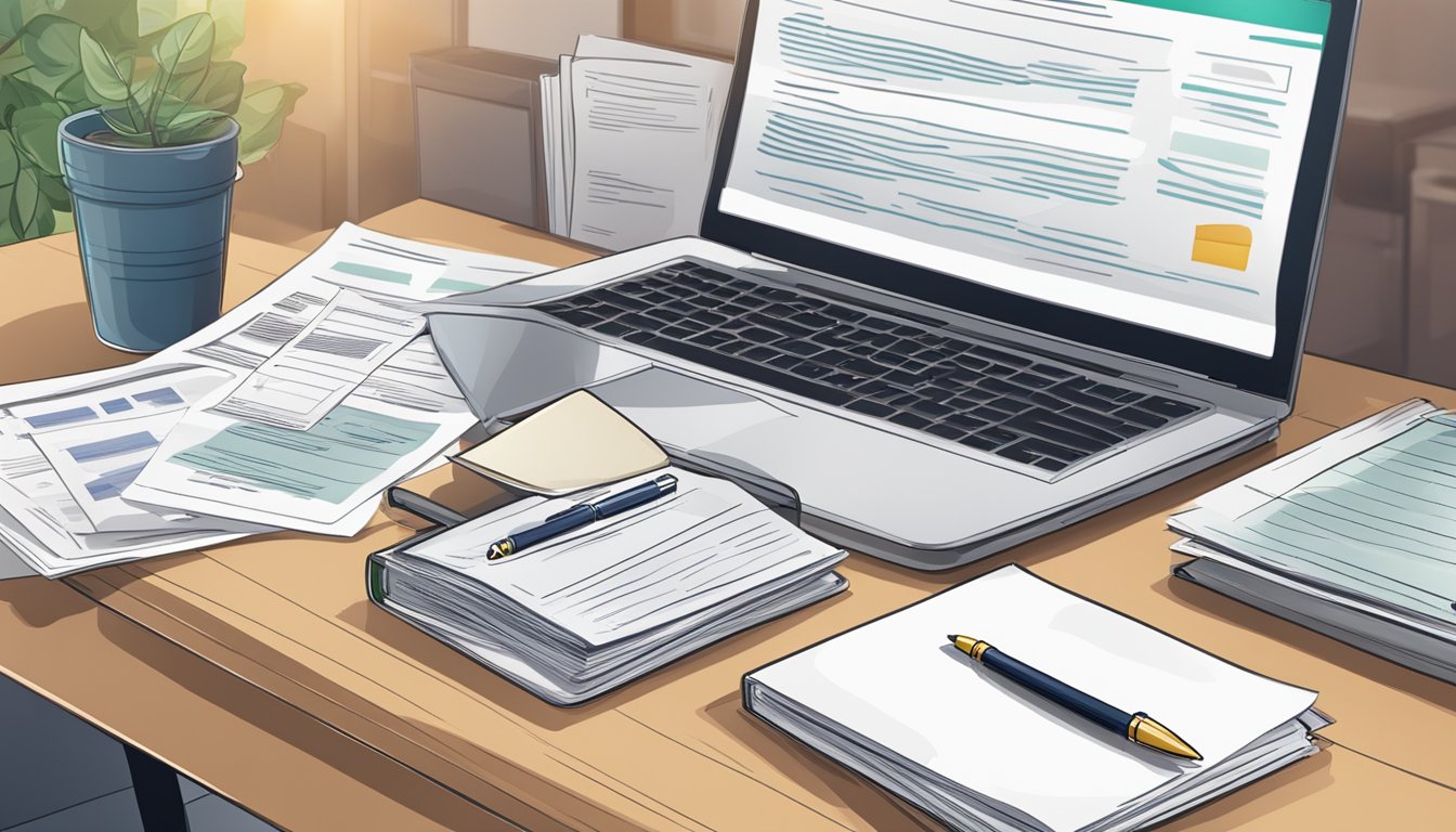 A desk with a laptop, documents, and a pen. A sign with "Business Loan Application" and a list of eligibility criteria