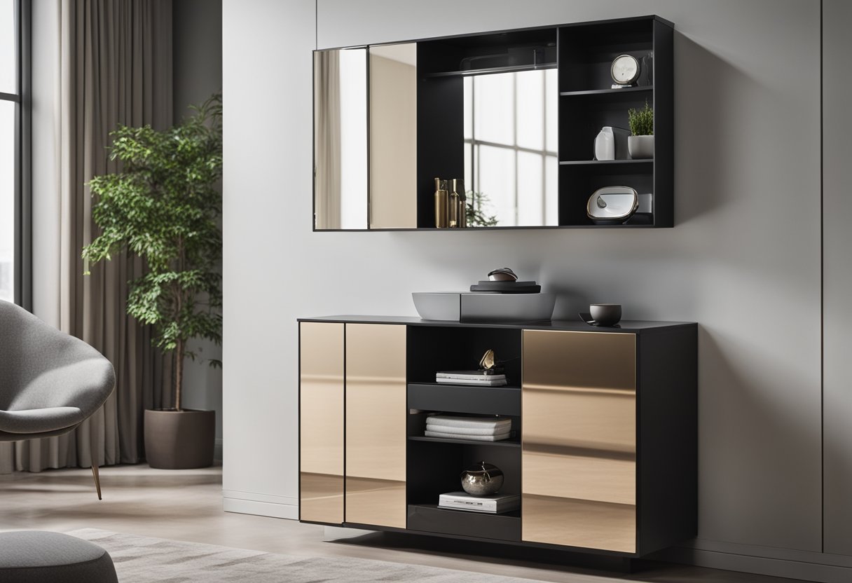 A sleek, modern cabinet with a built-in mirror stands against the bedroom wall, featuring functional storage compartments and stylish design elements