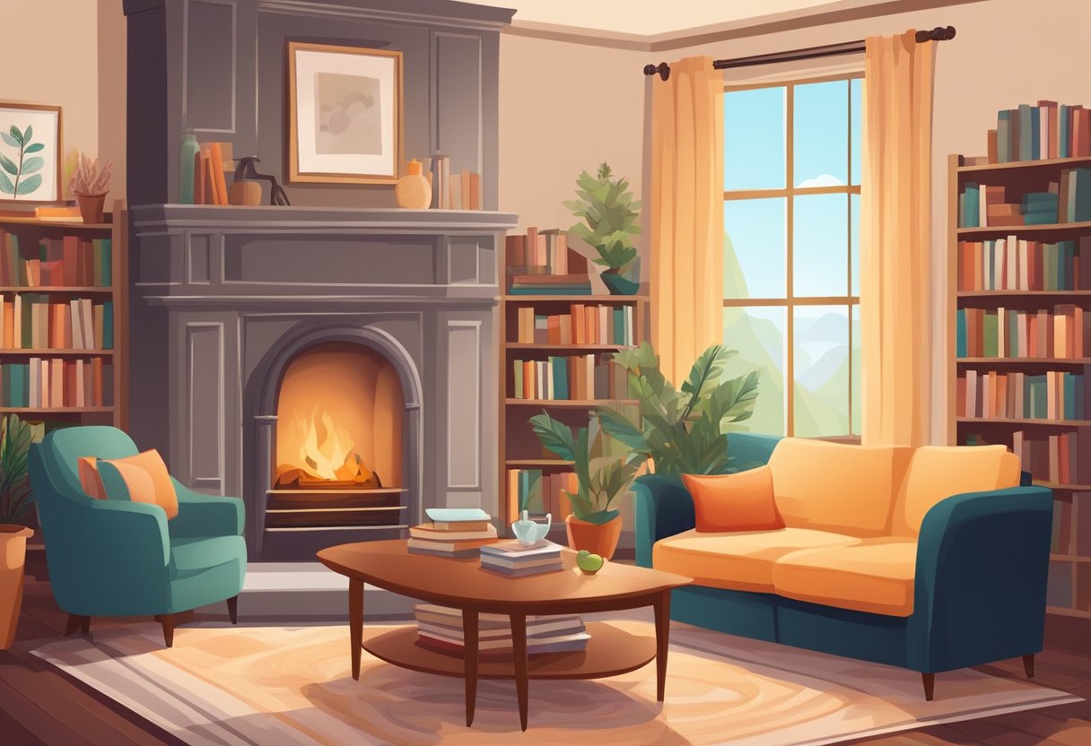 A cozy living room with a fireplace, plush sofa, and warm lighting. A bookshelf filled with books and decorative items. A large window with flowing curtains, overlooking a garden