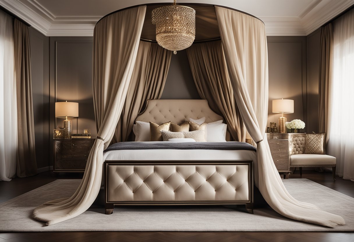 A luxurious canopy bed with soft, flowing drapes, ornate bedside tables, and a plush area rug in a warm, neutral color palette