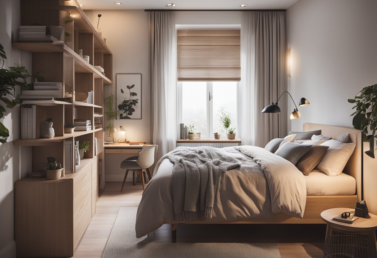 A cozy bedroom with a focus on practicality and comfort. Neutral colors, ample storage, and soft lighting create a soothing atmosphere. A desk and reading nook provide functionality
