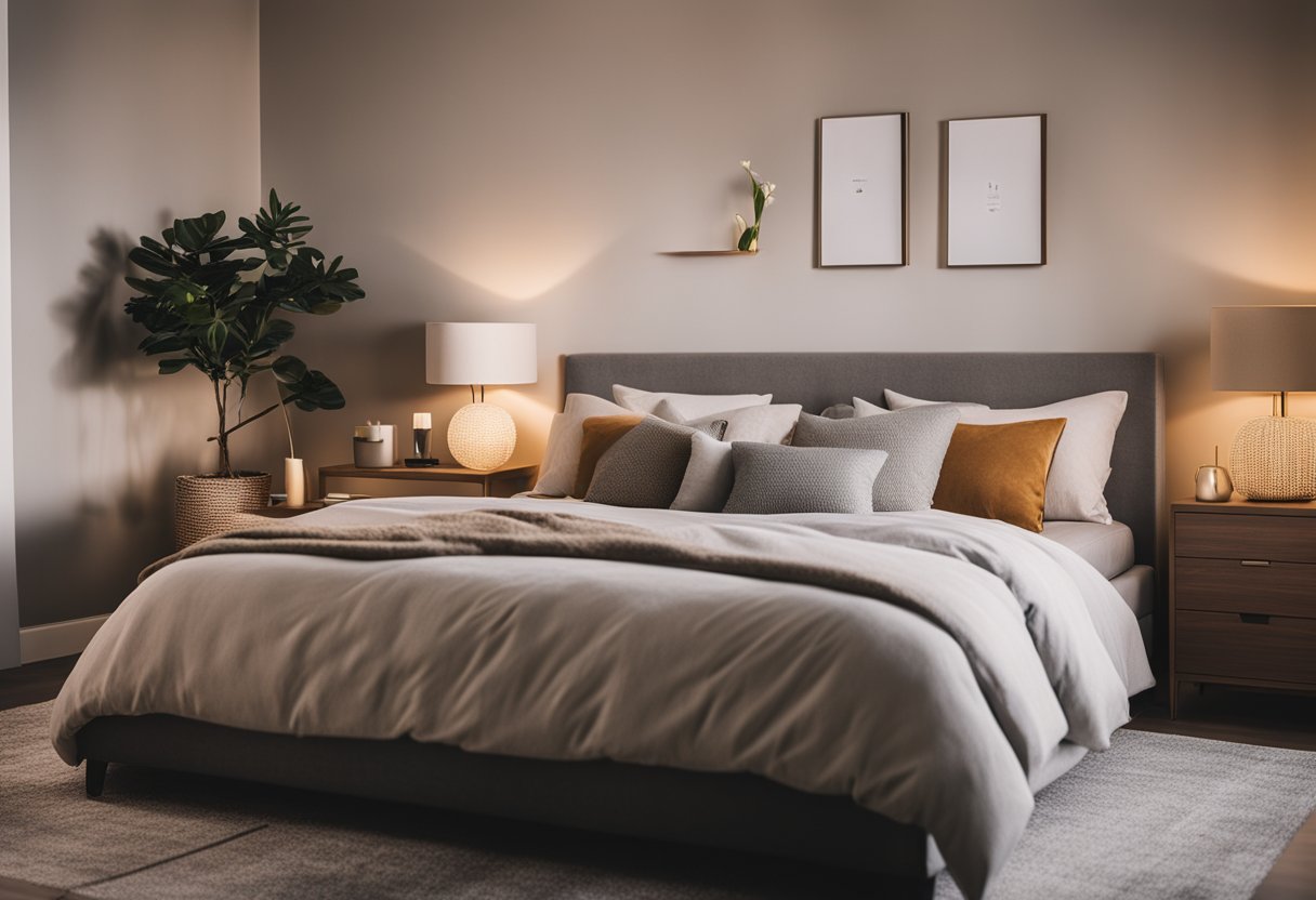 A cozy bedroom with a large, plush bed, soft, warm lighting, and a simple, modern design aesthetic