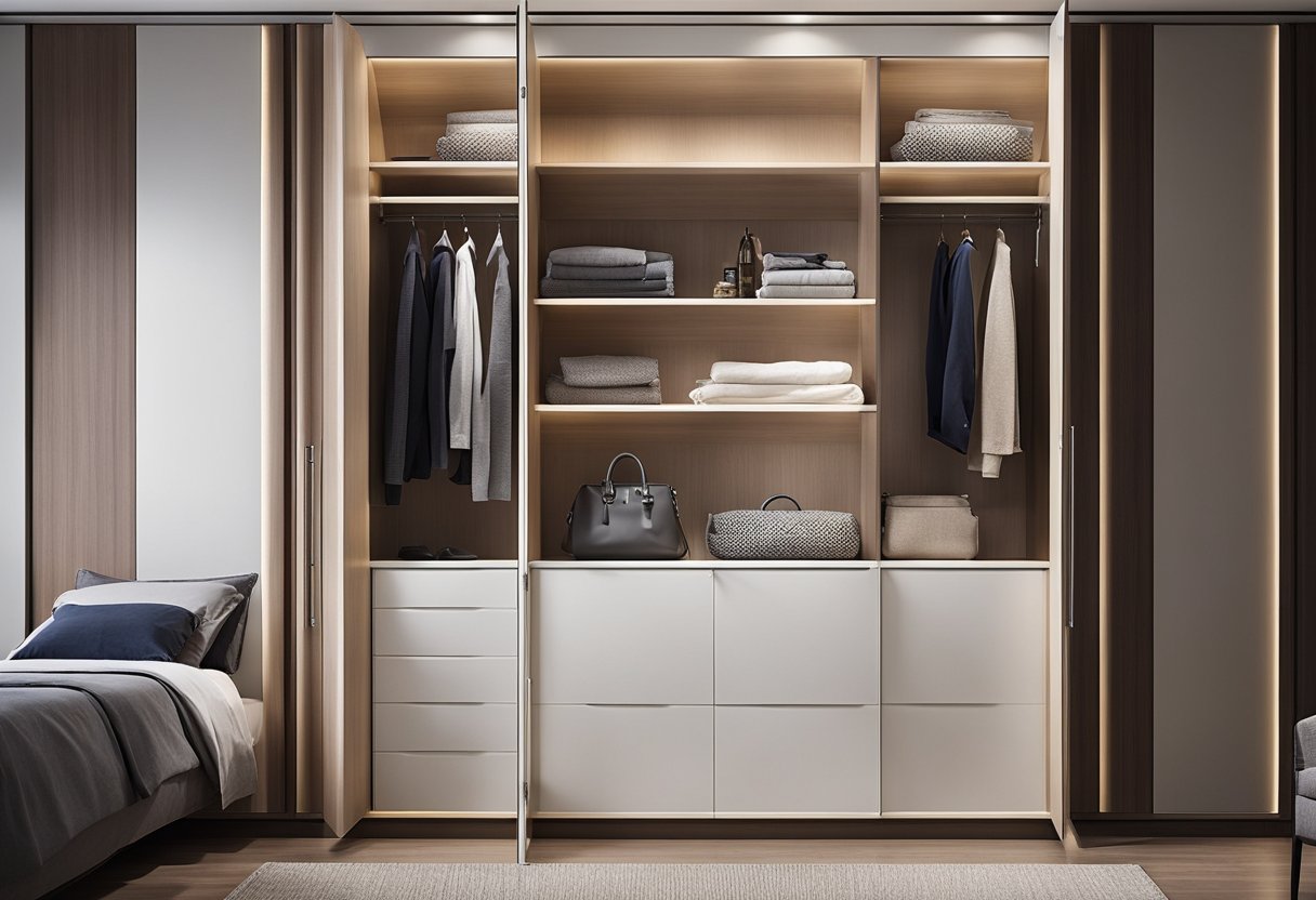 A tall, sleek corner cupboard in a modern bedroom, with glass doors and adjustable shelves, showcasing neatly folded clothing and decorative items
