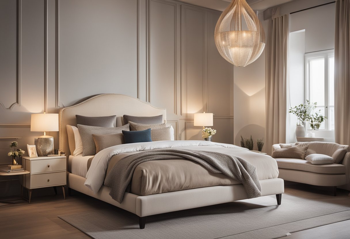 A cozy bedroom with neutral tones, a plush bed, and classic furniture. Soft lighting and decorative accents create a warm and inviting atmosphere