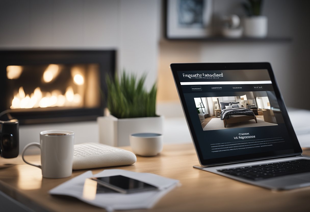 A bedroom with a computer or tablet displaying a "Frequently Asked Questions" page for a design app, surrounded by various decor and furniture