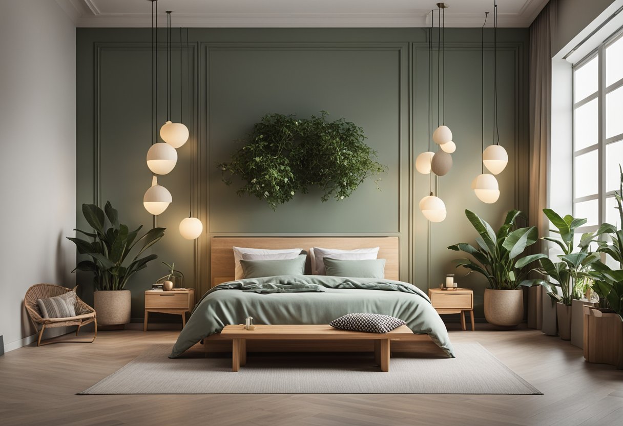 A serene bedroom with minimal furniture, soft lighting, and natural elements like plants and wooden decor. The bed is positioned against a solid wall, and there are symmetrical elements to create a balanced and harmonious atmosphere
