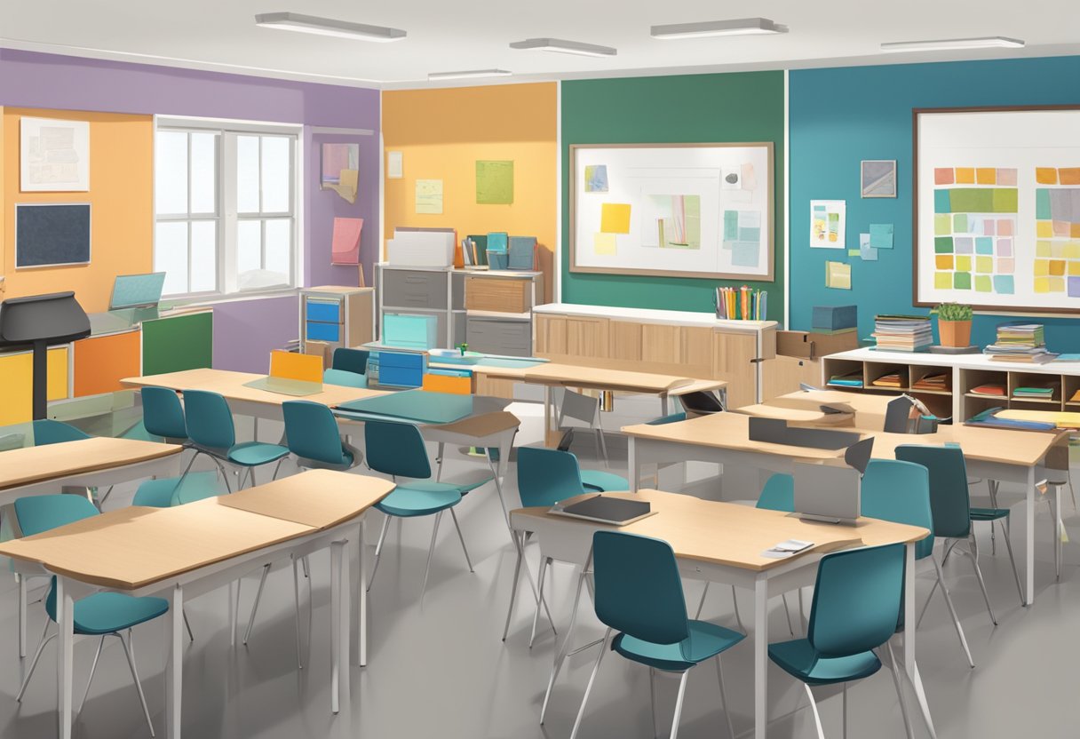 A classroom setting with design tools, mood boards, and furniture samples. No human subjects