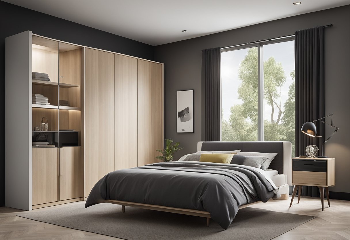 A corner cupboard fits seamlessly into the bedroom, maximizing space. The design features sleek lines and modern finishes, providing ample storage without overwhelming the room