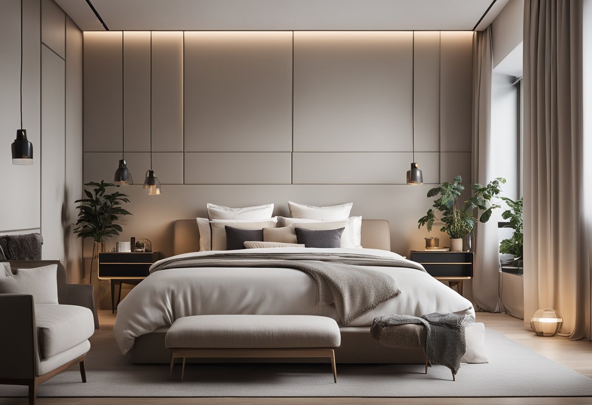 A cozy bedroom with a modern, minimalist design. Neutral colors, clean lines, and soft lighting create a serene atmosphere