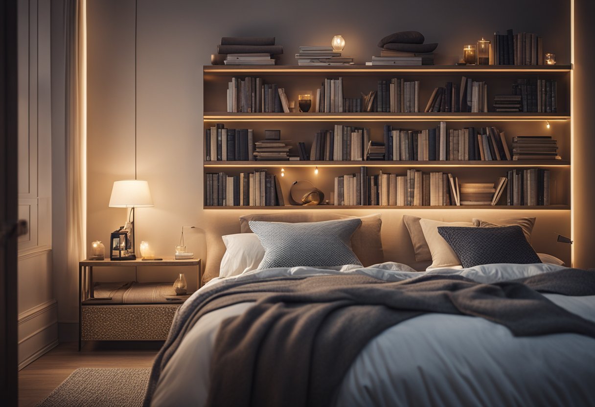 A warm, inviting bedroom with soft lighting, plush bedding, and a crackling fireplace. A bookshelf filled with novels and a comfortable armchair complete the cozy atmosphere