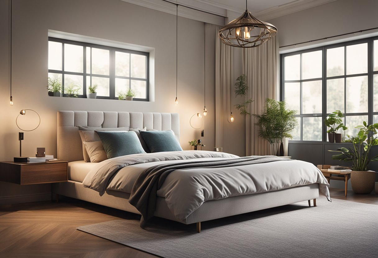 A bedroom with a balanced layout, soft lighting, and natural elements. A bed positioned for optimal energy flow, with calming colors and minimal clutter