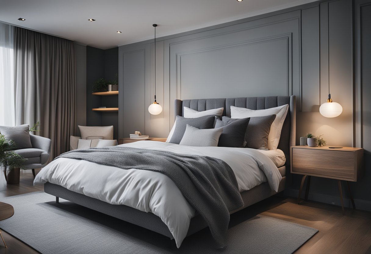 A cozy grey bedroom with a plush bed, minimalist decor, and soft lighting