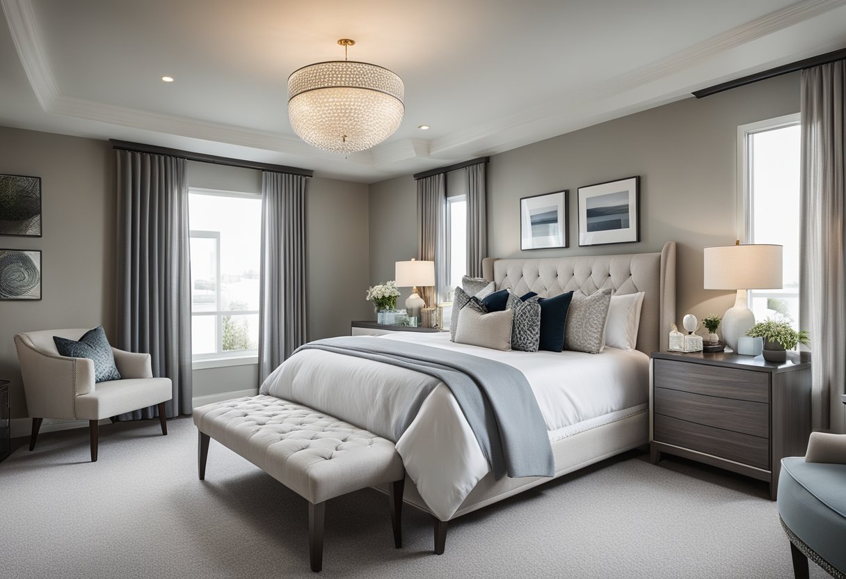 A spacious master bedroom with elegant decor, featuring a king-sized bed, plush carpeting, large windows, and a luxurious ensuite bathroom