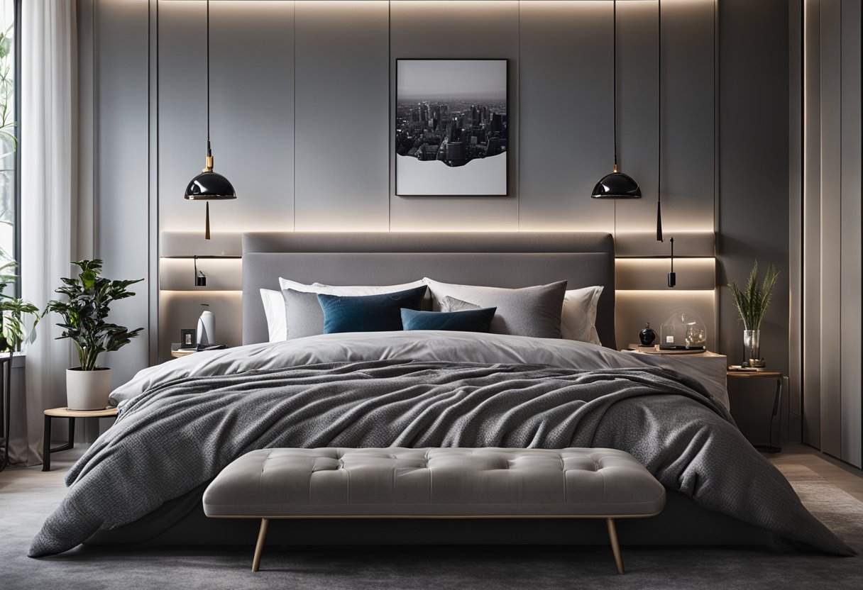 A cozy grey bedroom with a plush bed, sleek furniture, soft lighting, and textured decor