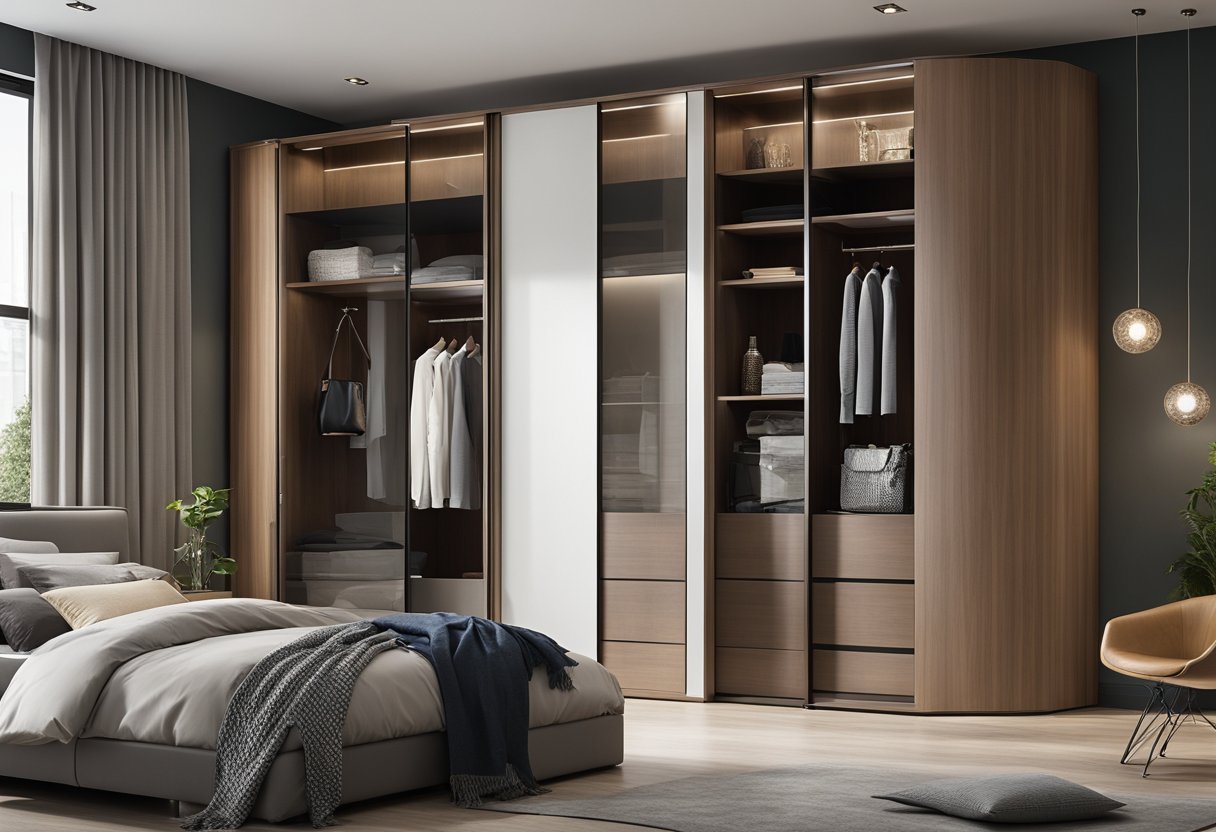 A corner wardrobe with sleek, modern design, featuring sliding doors and built-in shelves for efficient storage in a bedroom