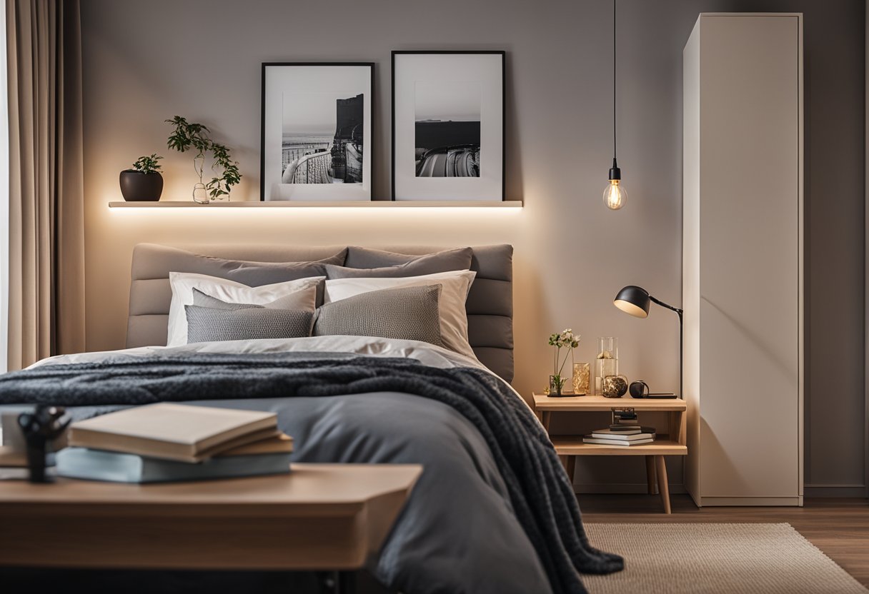 A cozy bedroom with a sleek study table placed against the wall, adorned with books and a desk lamp. The bed is neatly made with soft pillows and a throw blanket