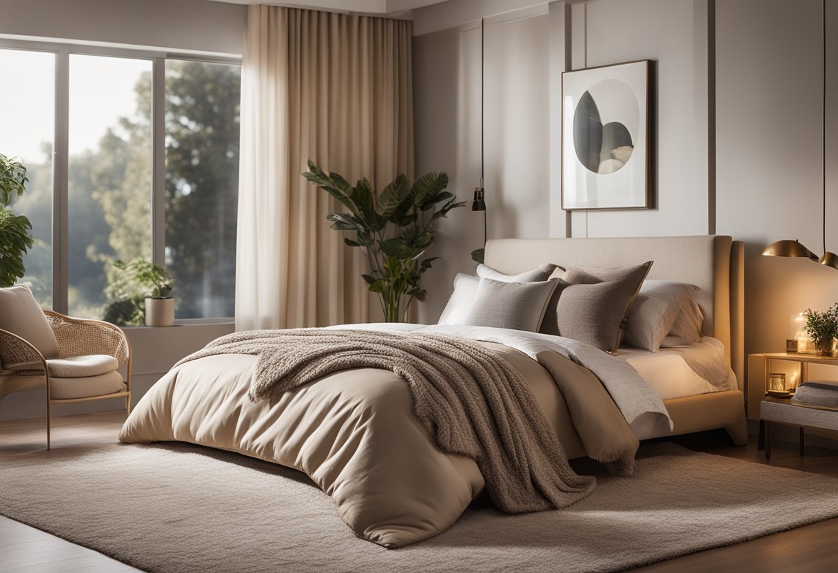 A warm, inviting bedroom with soft, neutral colors, layered textiles, and ambient lighting. A plush rug, fluffy pillows, and a cozy throw blanket add comfort