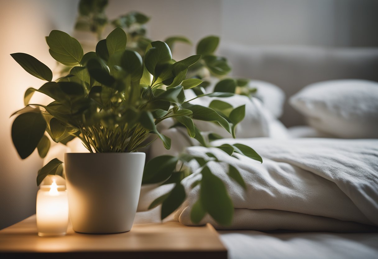 Soft, warm lighting fills the room, casting gentle shadows. A bed with clean, crisp linens sits against a wall, flanked by balanced nightstands. Plants and natural elements bring a sense of tranquility