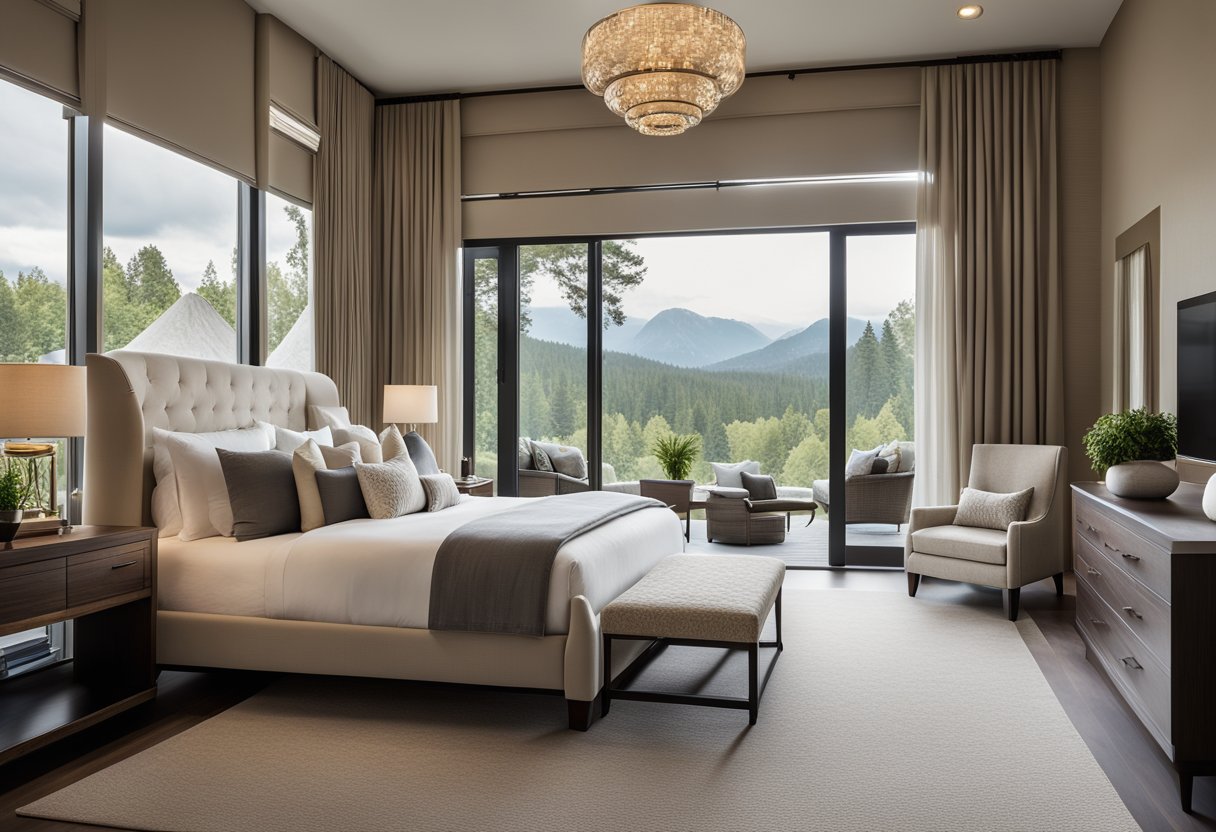 A spacious, elegant master bedroom with a plush king-sized bed, a cozy seating area, and large windows offering a view of the serene outdoor landscape. Rich, neutral tones and luxurious textures create a sophisticated and inviting atmosphere