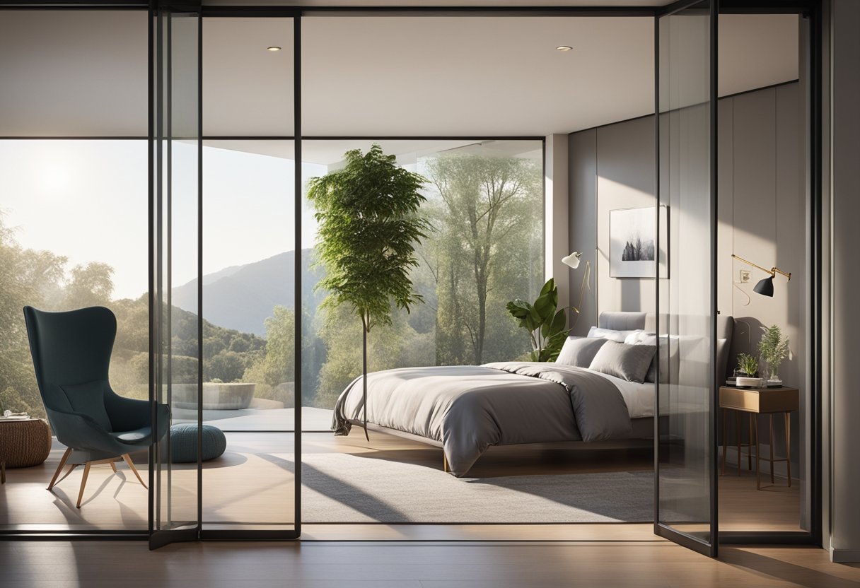 A sliding door separates a cozy bedroom from a sunlit living space, featuring sleek, modern design with frosted glass panels and a brushed metal frame