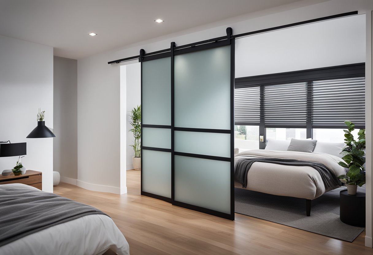 A sliding bedroom door with sleek, modern design. Clean lines, minimalistic hardware, and a frosted glass panel for privacy