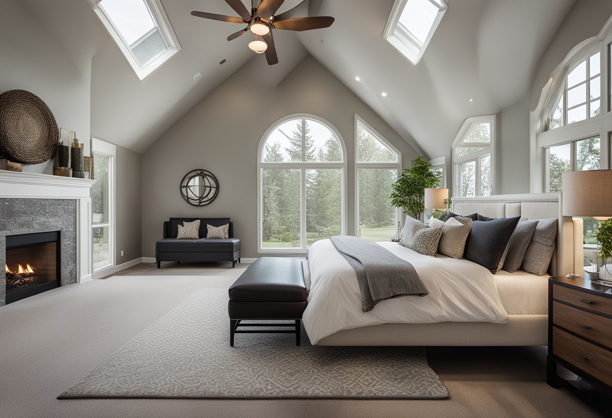 A spacious master bedroom with a vaulted ceiling, large windows, and a cozy fireplace. The room features a luxurious king-sized bed, elegant furniture, and stylish decor