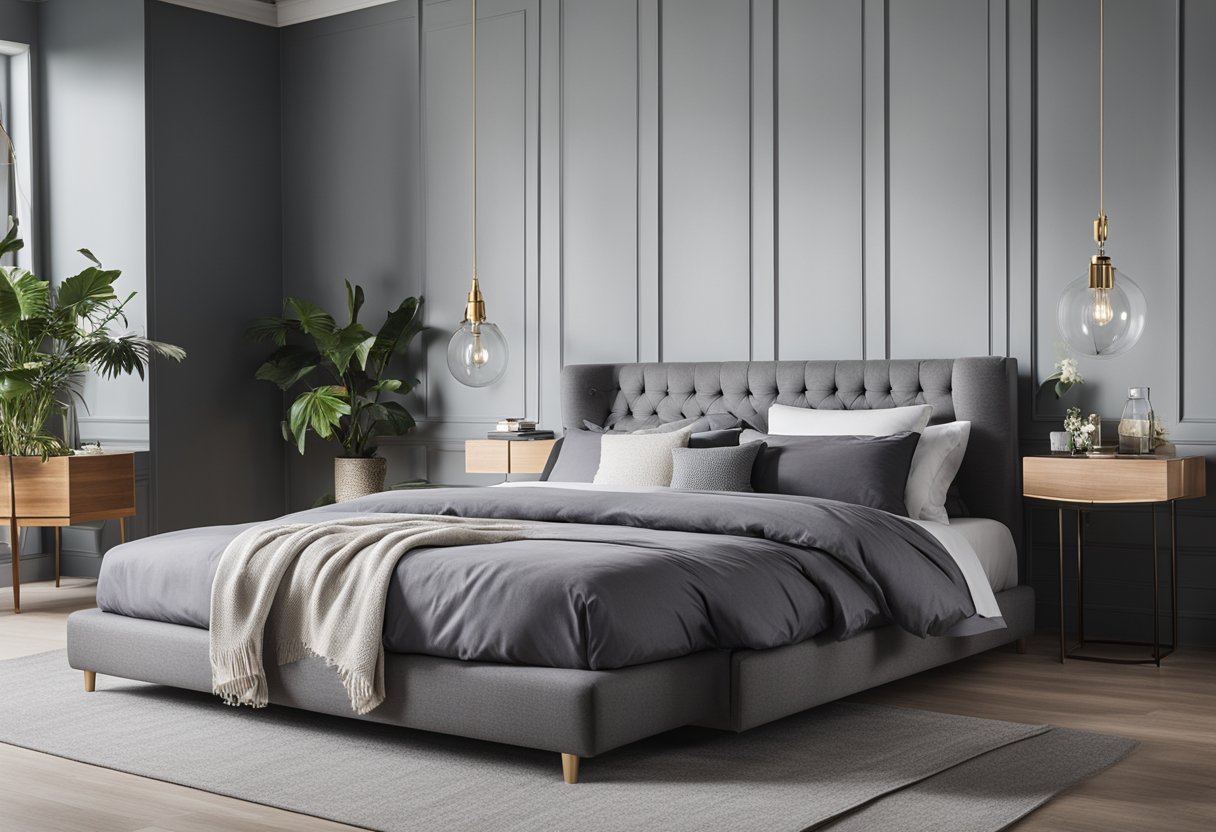 A grey bedroom with stylish accessories and designs