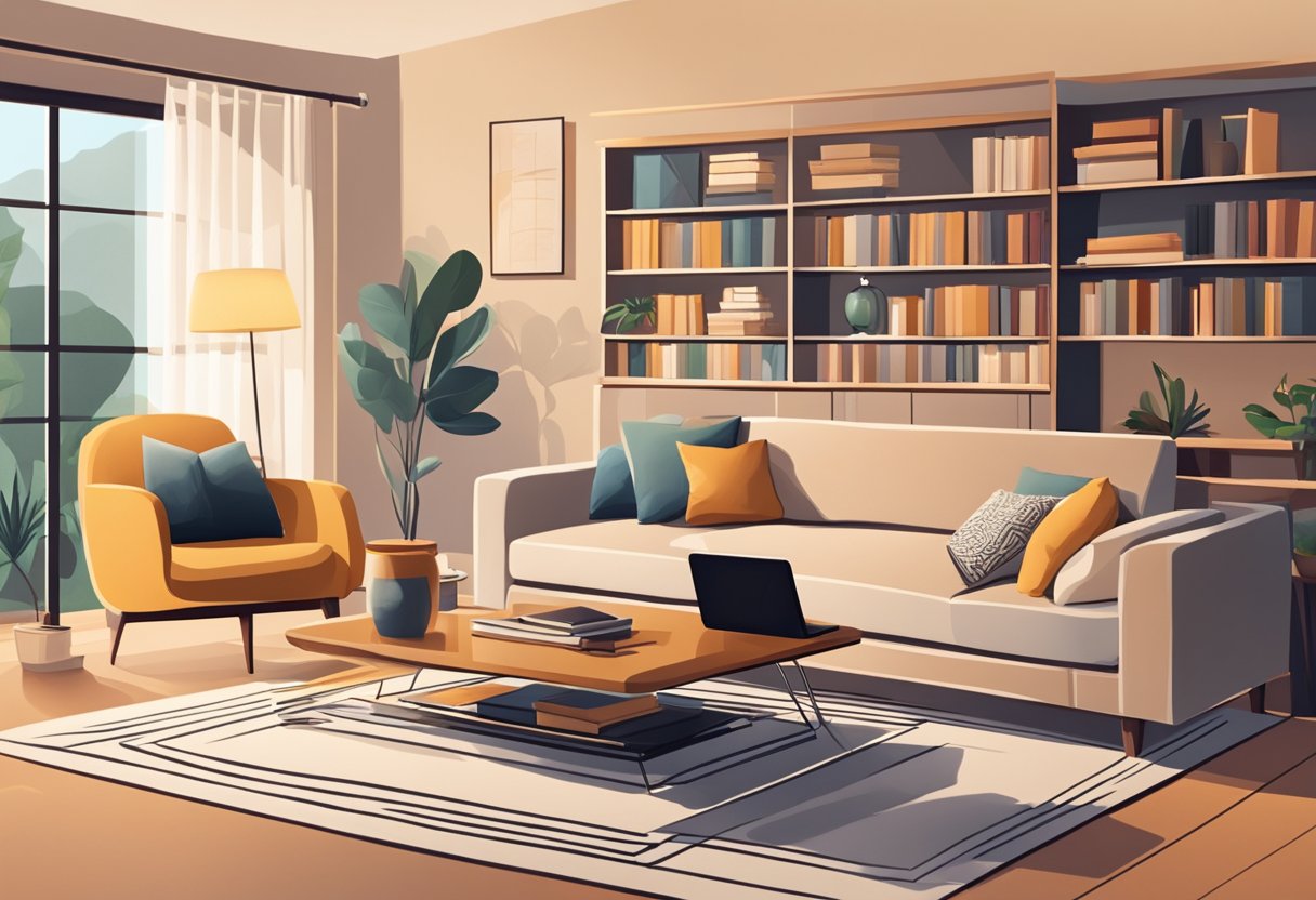 A cozy living room with modern furniture, warm lighting, and a bookshelf filled with design books. A laptop and notepad sit on the coffee table