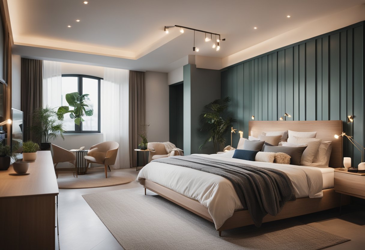 A serene bedroom with balanced furniture arrangement, soft lighting, and calming colors. A clear pathway around the bed and clutter-free surfaces promote relaxation