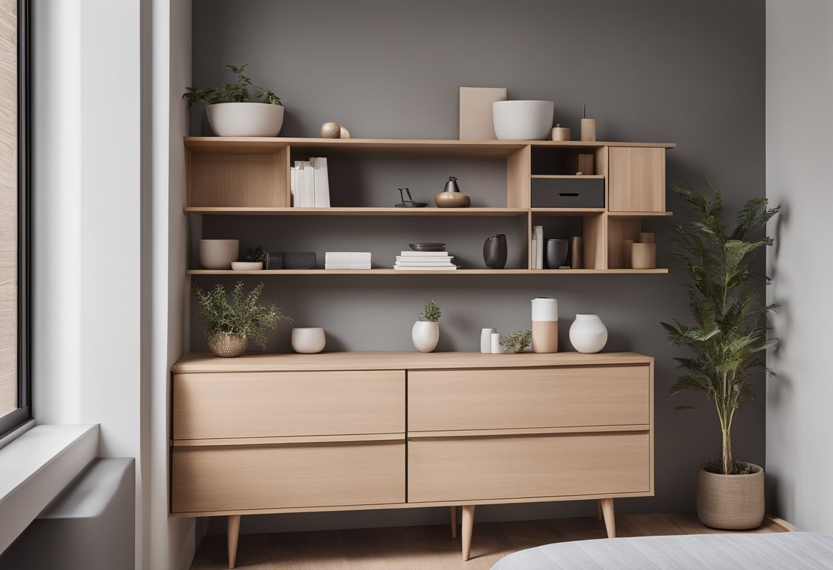 A sleek, modern corner cupboard in a bedroom, with neatly arranged shelves and drawers. The design is functional and stylish, with clean lines and a minimalist aesthetic