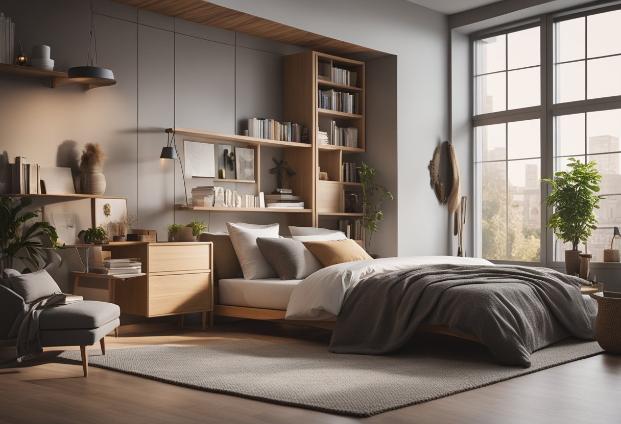 A cozy bedroom with a neatly made bed, a stylish nightstand, and a soft rug. A large window lets in natural light, and a bookshelf holds various items
