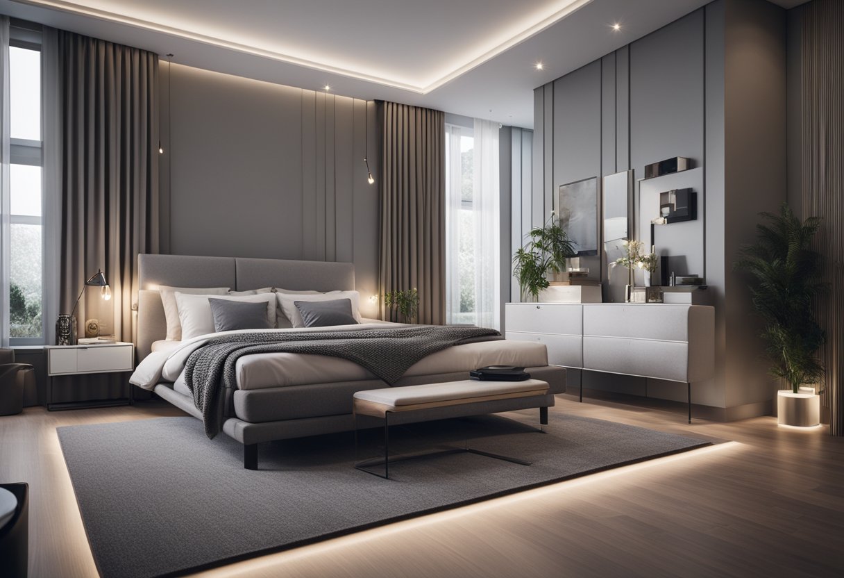 A cozy grey bedroom with modern furniture and soft lighting, featuring a comfortable bed, sleek nightstands, and a stylish rug
