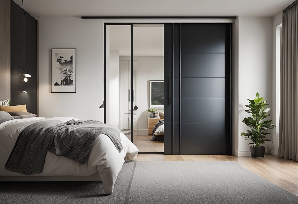 A sliding door opens to reveal a spacious bedroom with modern design and innovative features, offering privacy and space-saving benefits