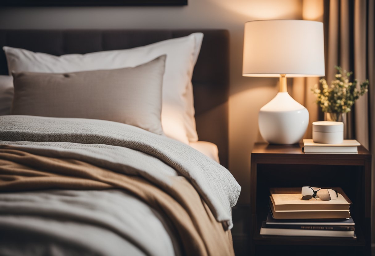 A cozy bedroom with warm lighting, a fluffy duvet, and a stack of books on a nightstand. A plush rug and soft curtains complete the inviting atmosphere