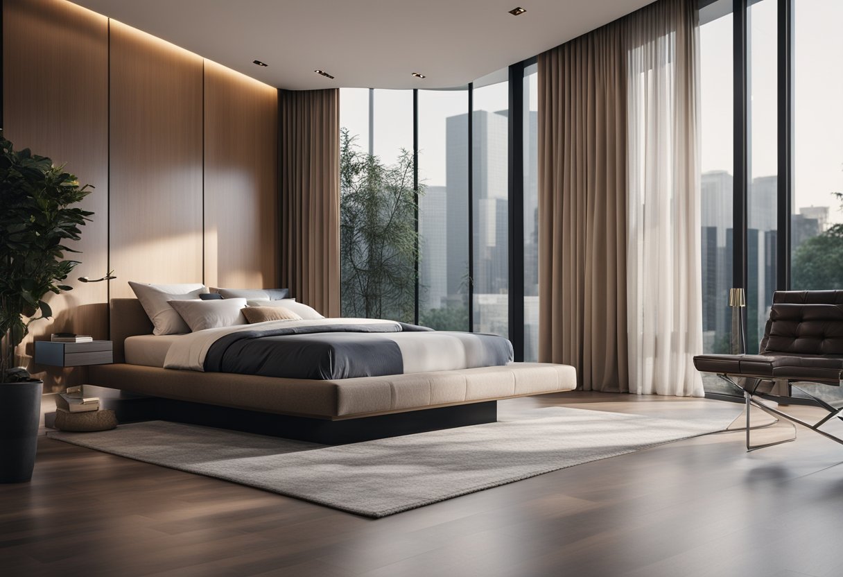A sleek, modern master bedroom with a floating bed, floor-to-ceiling windows, and minimalist decor