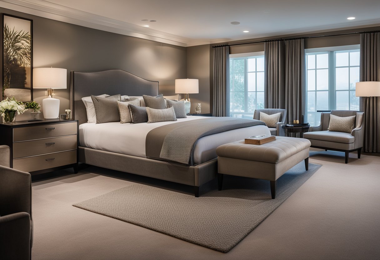 The master bedroom showcases a king-size bed with plush bedding, a cozy reading nook with a chaise lounge, and a sleek fireplace framed by elegant floor-to-ceiling curtains