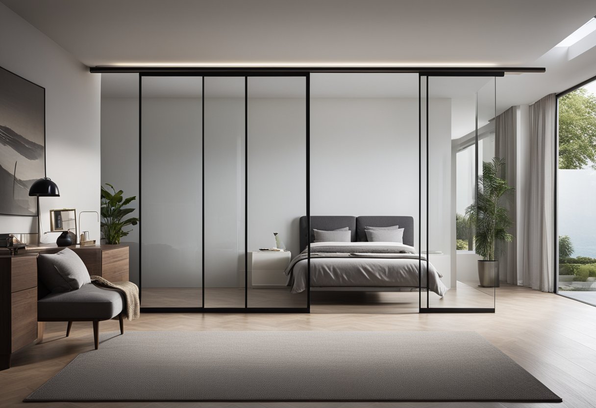 A sleek, modern sliding door separates the bedroom from the rest of the living space, with a minimalist design and smooth, clean lines